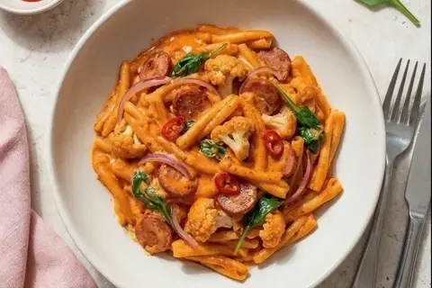 Pasta med chorizo i cremet ajvarsauce