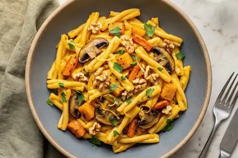 Græskar pasta med nøddestegte portobellosvampe og persille