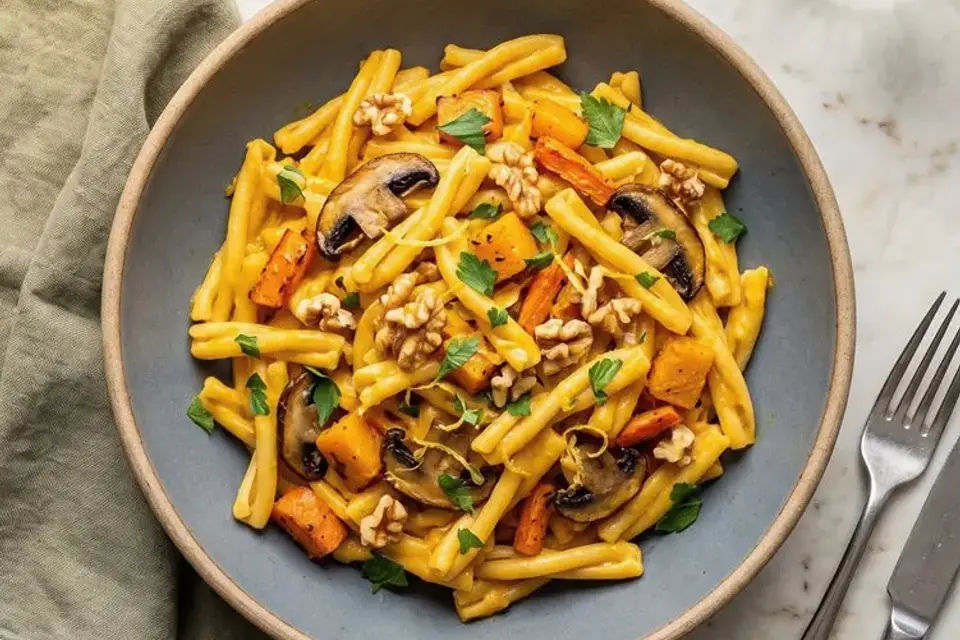 Græskar pasta med nøddestegte portobellosvampe og persille — RetNemts eget foto
