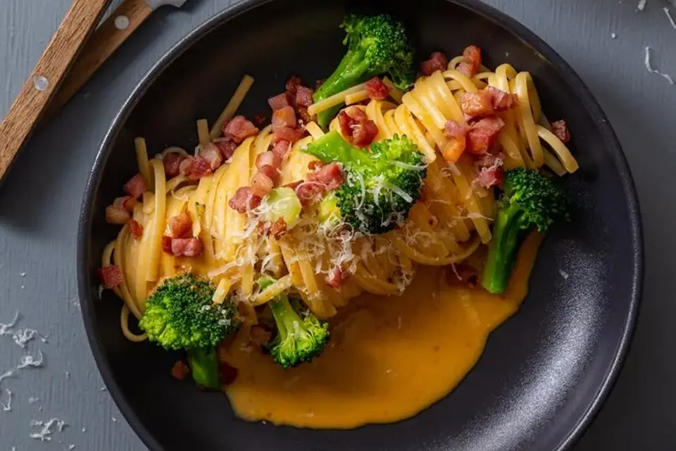Linguine carbonara med tørsaltet bacon, broccoli og gochujang — RetNemts eget foto