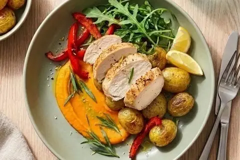 Stegt kyllingebryst med ristet gulerodscreme og rucola