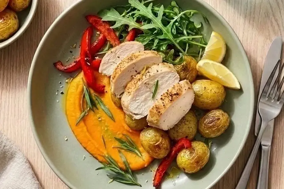 Stegt kyllingebryst med ristet gulerodscreme og rucola — RetNemts eget foto