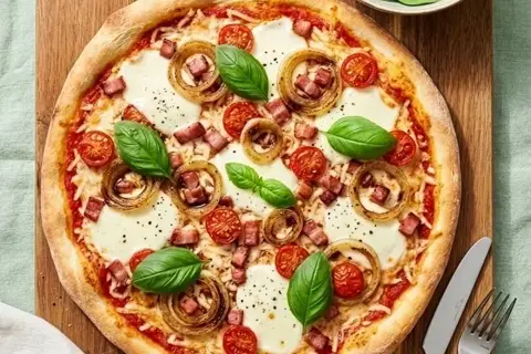 Baconpizza med karamelliserede løg og frisk mozzarella serveret med salat