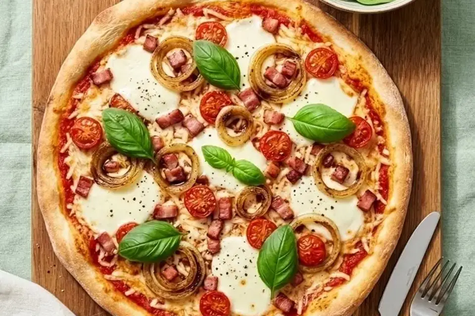 Baconpizza med karamelliserede løg og frisk mozzarella serveret med salat — RetNemts eget foto