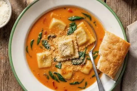 Suppe med ravioli, ost og lunt brød