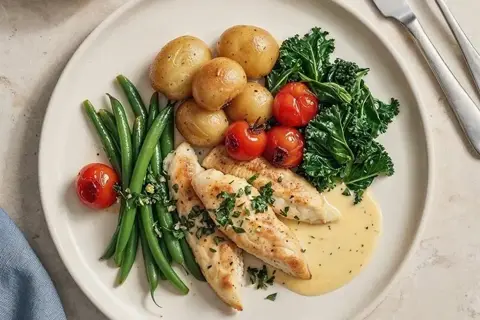 Sauteret kyllingeinderfilet med bagte cherrytomater, grønne bønner, kartofler og bearnaisesauce
