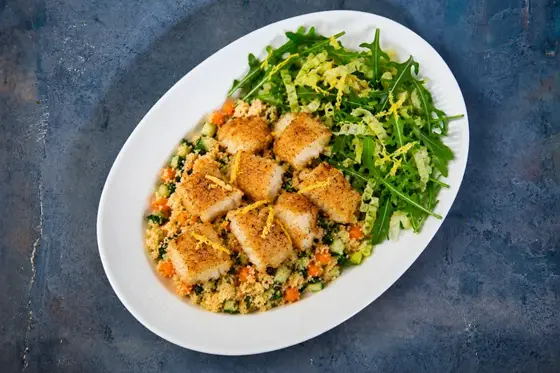 Stegt kuller med couscous og ristede grøntsager