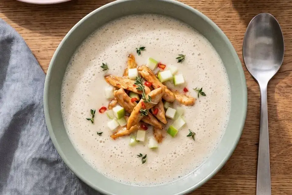 Jordskokkesuppe med chilikylling og æbletopping — RetNemts eget foto