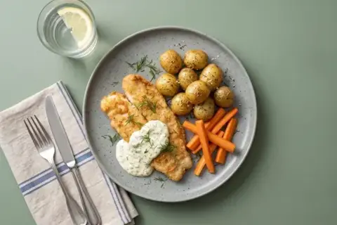 Fiskefilet m. citron-dild mayo, stegte kartofler og gulerødder🐟