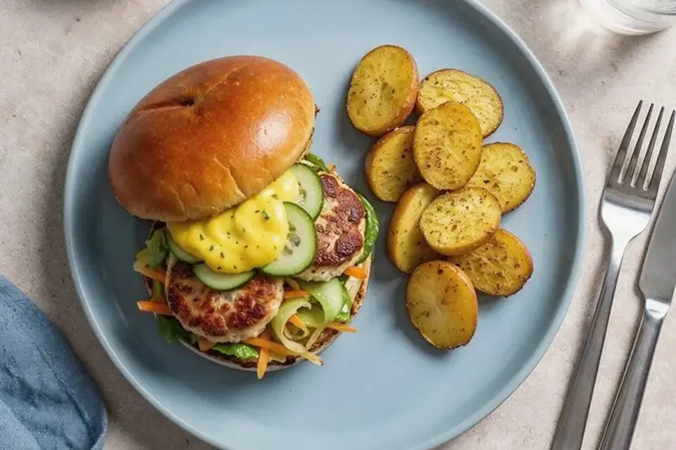 Sprøde fiskefrikadeller i brioche med ovnbagte krydderkartofler og letsyltet agurk — RetNemts eget foto
