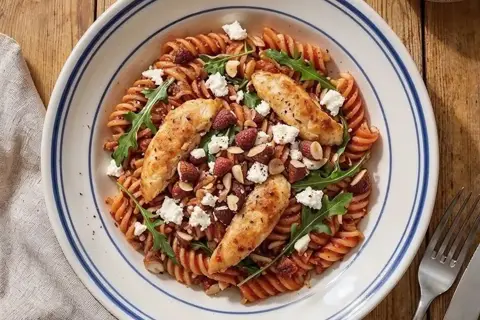 Glutenfri pasta med lynstegt pestokylling og rucola