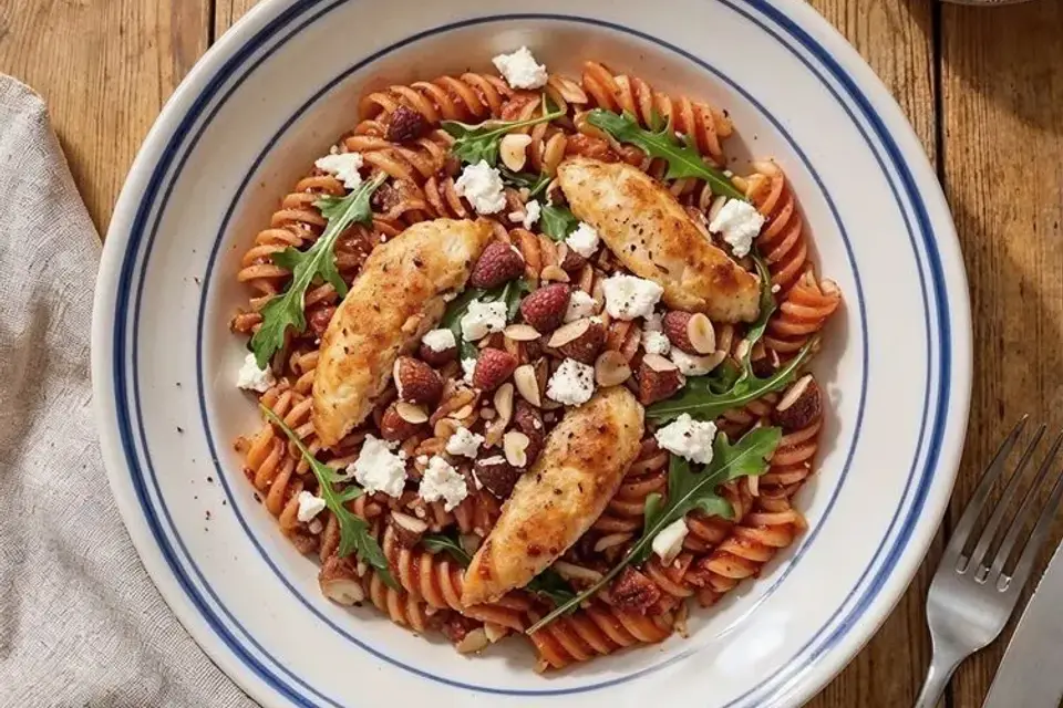 Glutenfri pasta med lynstegt pestokylling og rucola — RetNemts eget foto