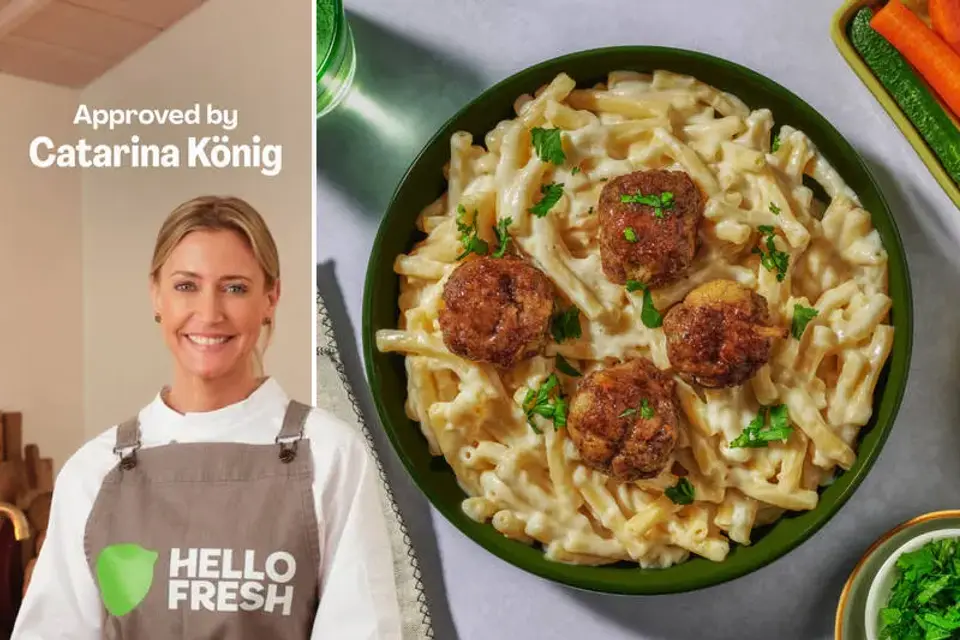 Svenske 'köttbullar' og cremet makaroni — HelloFreshs eget foto
