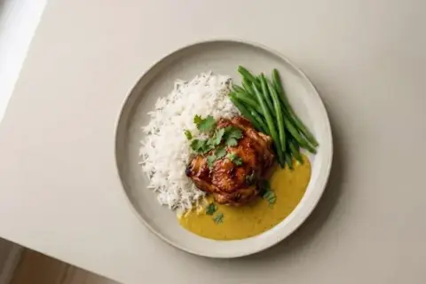 Stegt kyllinge overlår m. jasminris, karrysauce og bønner