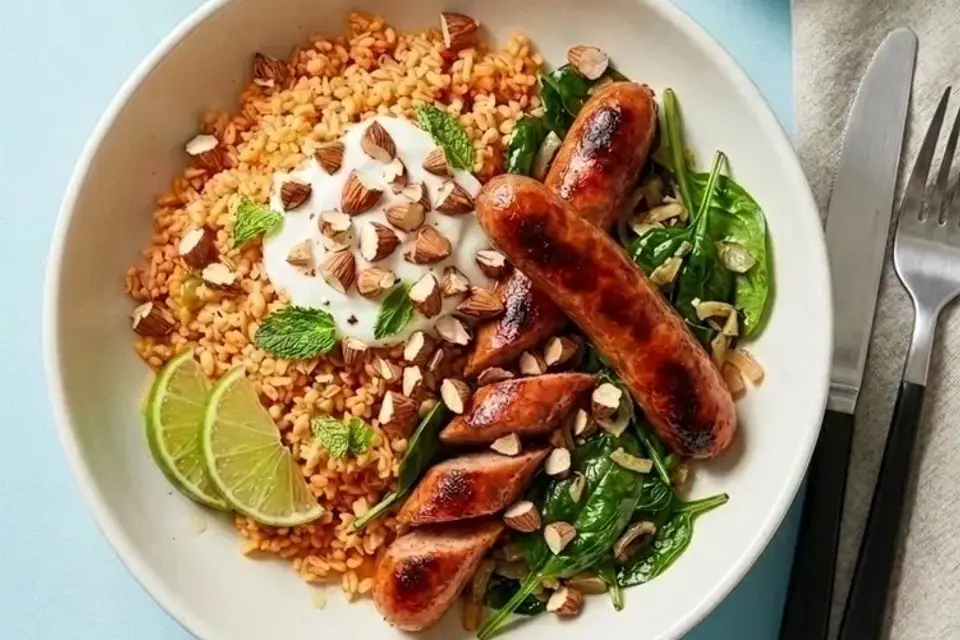Linquica pølser med spinat og tomatbulgur, mynte og yoghurt — RetNemts eget foto