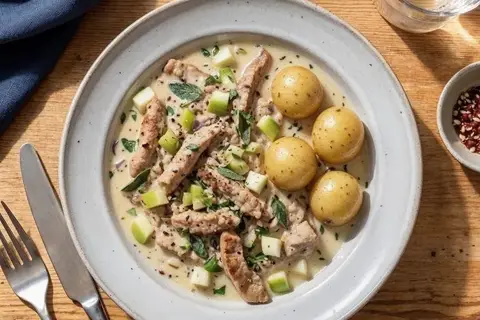 Cremet efterårsgryde med svinekød, æble og kogte kartofler