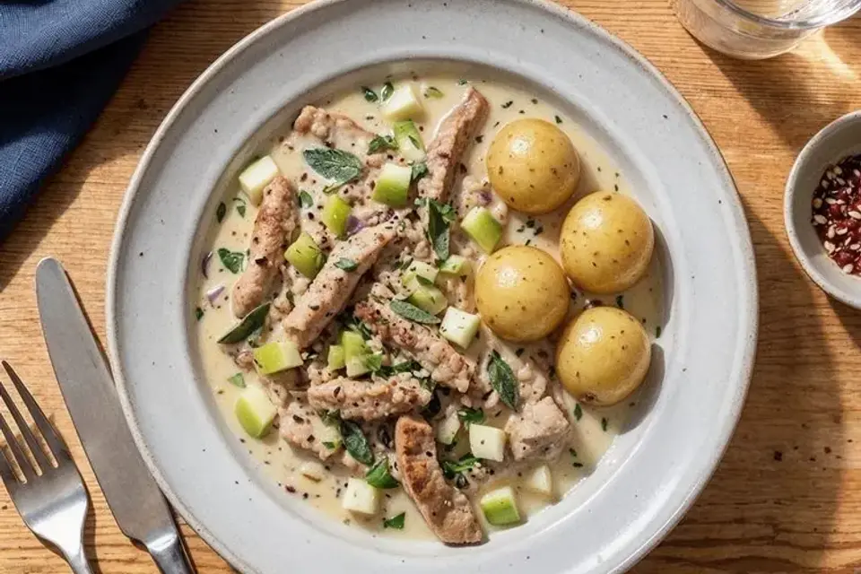 Cremet efterårsgryde med svinekød, æble og kogte kartofler — RetNemts eget foto