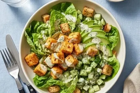 Crispy spicy tofu salat med urtedressing og dildagurk