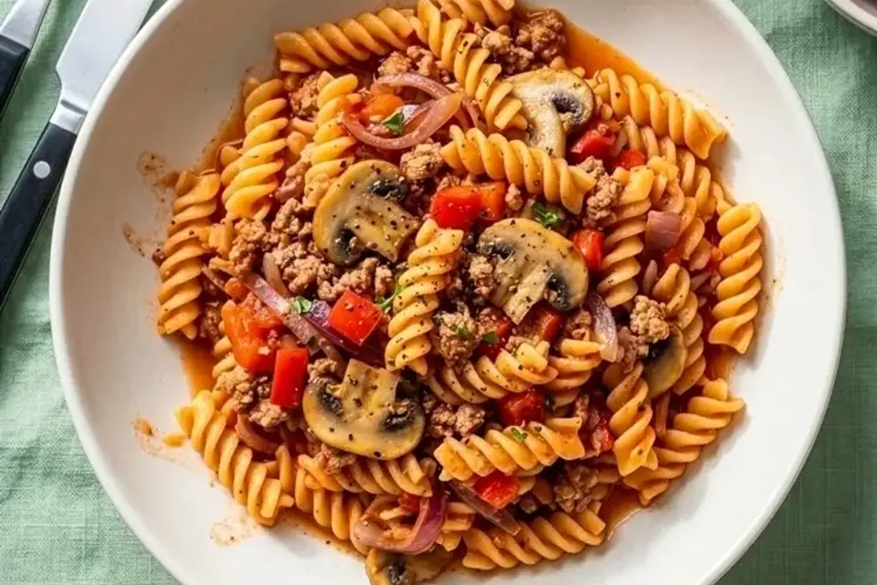 Glutenfri alt-i-én pasta med hakket gris, champignon og rød peber — RetNemts eget foto