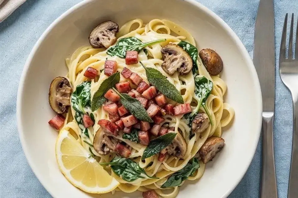 Pasta fettuccine med champignon i cremet spinatsauce, serveret med sprødstegt bacon og salvie — RetNemts eget foto