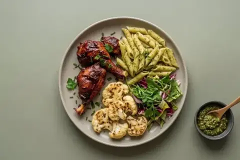 Ølmarineret køller m. pasta, pesto, grillet blomkål og salat🥗