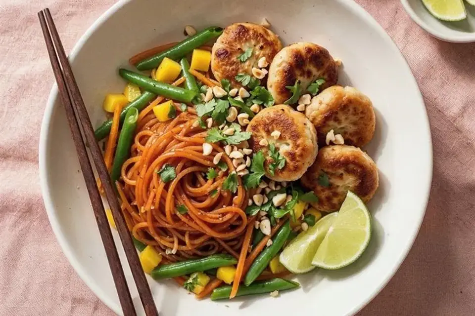 Færdigstegte fiskefrikadeller med spicy kold nudelsalat, grønne bønner og mango — RetNemts eget foto