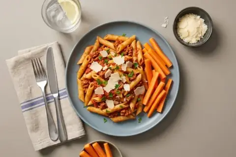 Pasta i krydret chorizosauce, parmesan og gnave gulerødder🌱