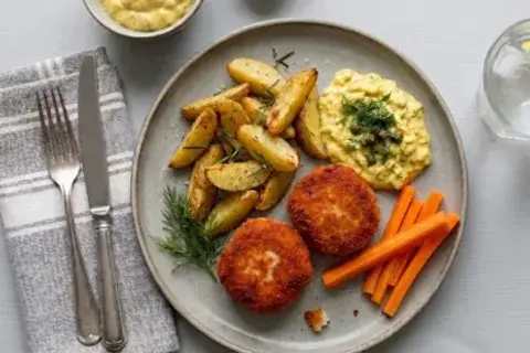 Fiskefrikadeller m. remoulade, kartoffelbåde og gnave gulerødder 🐟 (kortere holdbarhed pga. fisk)