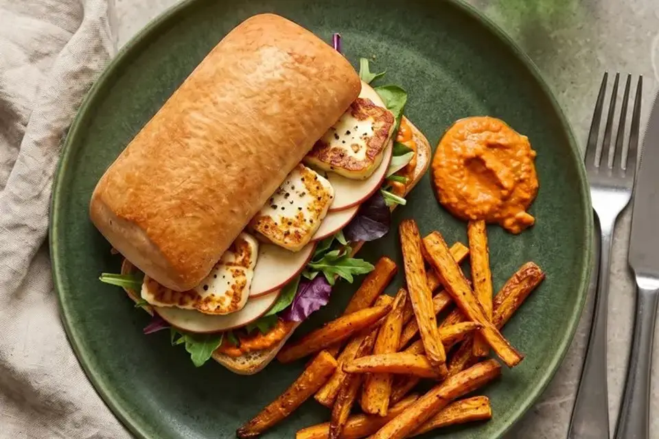 Sandwich med halloumi og ajvar-hummus — RetNemts eget foto