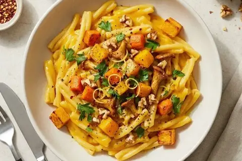 Pasta i cremet græskarsauce med nøddestegte kantareller og persille