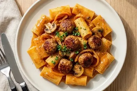Italienske kødboller i cremet sauce med pasta