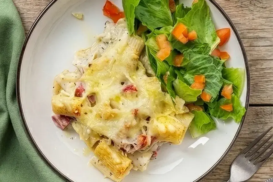 Gratineret pasta med pølser og salat — RetNemts eget foto
