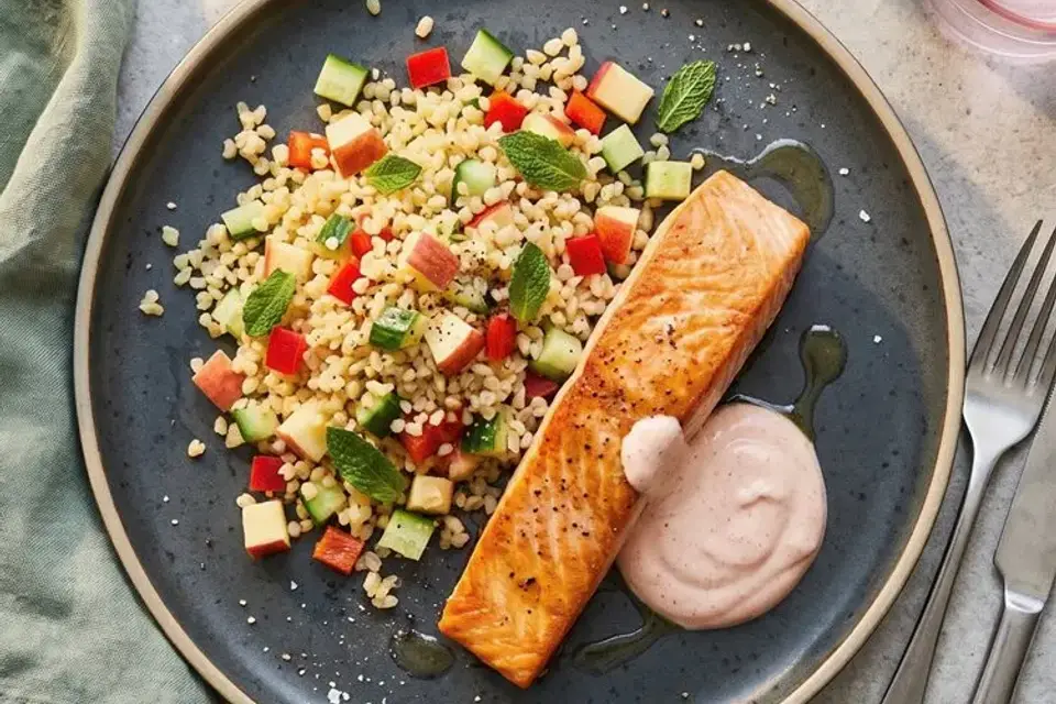 Stegt laksefilet med bulgursalat og spicy yoghurtdressing — RetNemts eget foto