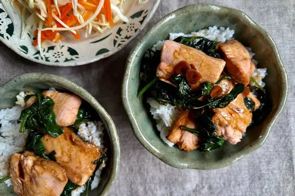 Laks i spinat og soya med sprød kålsalat — Skagenfoods eget foto