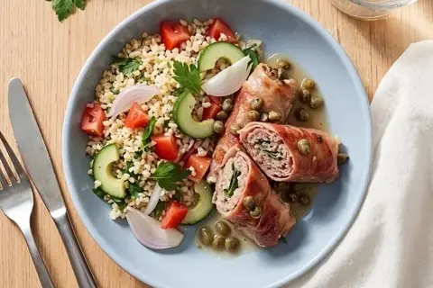 Salvieruller med seranoskinke og bulgursalat