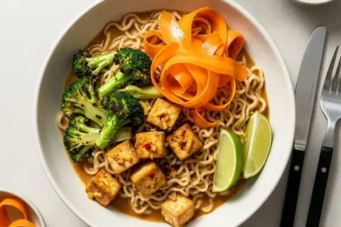 Nudler i cremet massaman sauce med ingefærstegt tofu, broccoli og limesyltede gulerødder