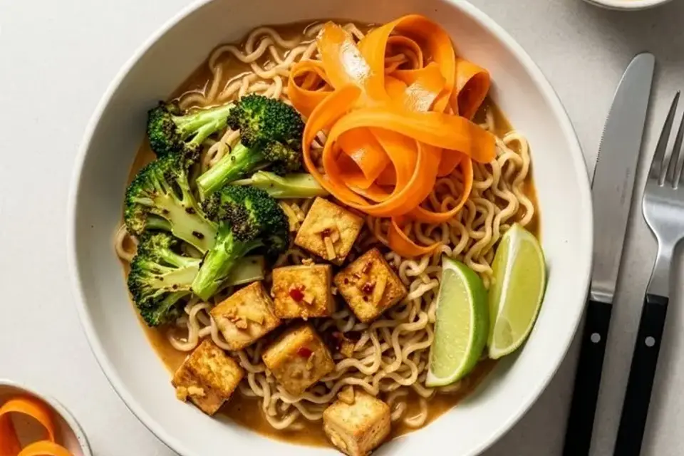 Nudler i cremet massaman sauce med ingefærstegt tofu, broccoli og limesyltede gulerødder — RetNemts eget foto
