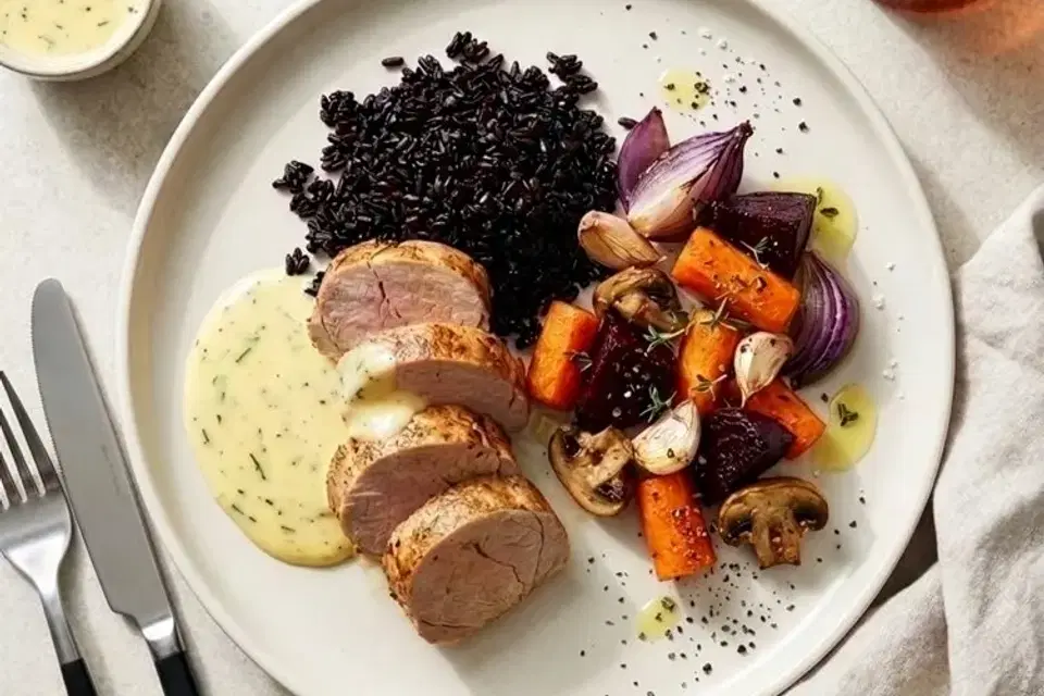 Svinemørbrad med ovnbagte grøntsager, sorte ris og bearnaisesauce — RetNemts eget foto