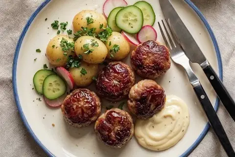 Frikadeller med syltet agurk-radise, kartofler og estragon-dijonmayonnaise