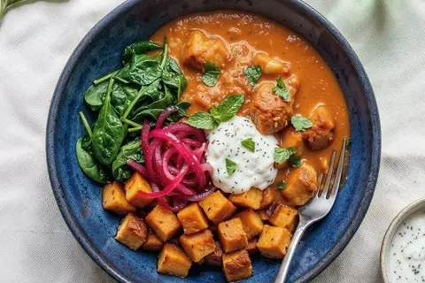 Quick butter chicken bowl med ovnbagte søde kartofler, spinat, syltede rødløg og mynte-raita