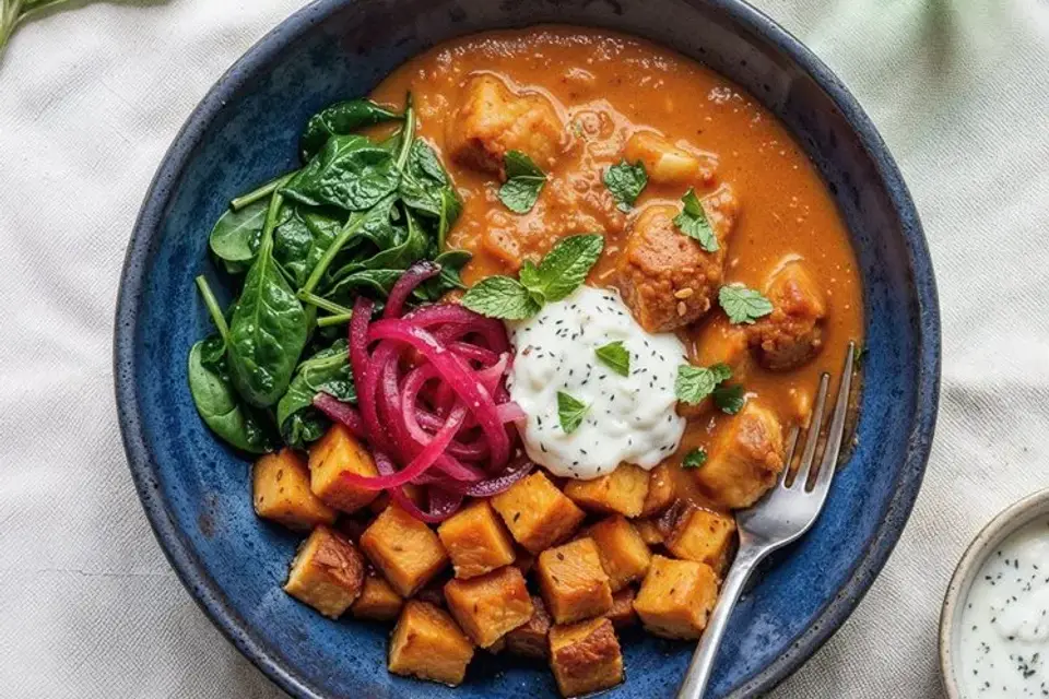 Quick butter chicken bowl med ovnbagte søde kartofler, spinat, syltede rødløg og mynte-raita — RetNemts eget foto