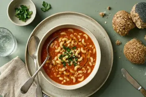 Tomatsuppe m. suppehorn, crème fraiche, croutoner og brydebrød🌱