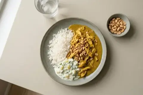Chicken Korma m. ris, peanuts og raita🌶️