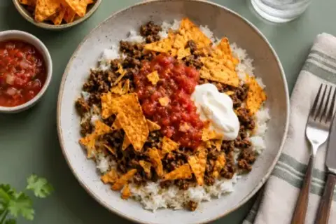 Mexicansk risret med oksekød, salsa, cremefraiche og sprøde tortilla chips🌶️