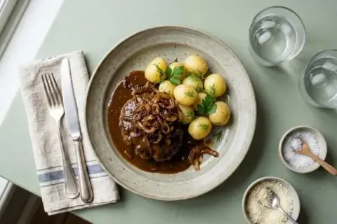 Hakkebøf med bløde løg, sauce og kartofler