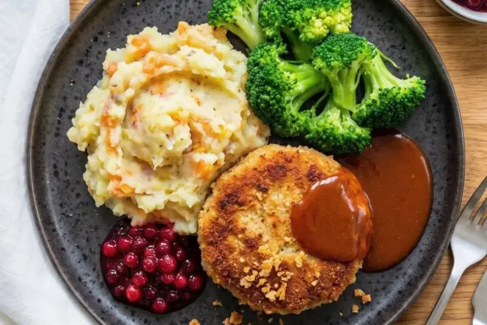 Krebinetter med kartoffel-rodfrugtmos og broccoli — RetNemts eget foto