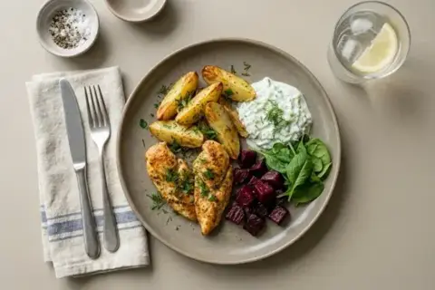 Stegt kylling m. m. kartoffelbåde, tzatziki, bagte rødbeder og spinat