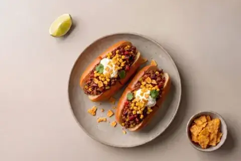 Mexicansk hot dog m. oksekødsauce, bagte majs, cremefraiche og tortilla chips