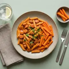 Pasta med pølser i mild flødesauce og gnave gulerødder