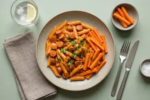 Pasta med pølser i mild flødesauce og gnave gulerødder